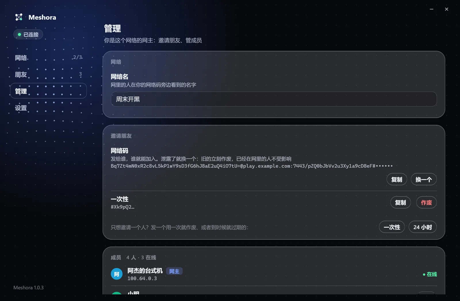 网主管理页：成员、网络码、一次性和 24 小时的邀请码