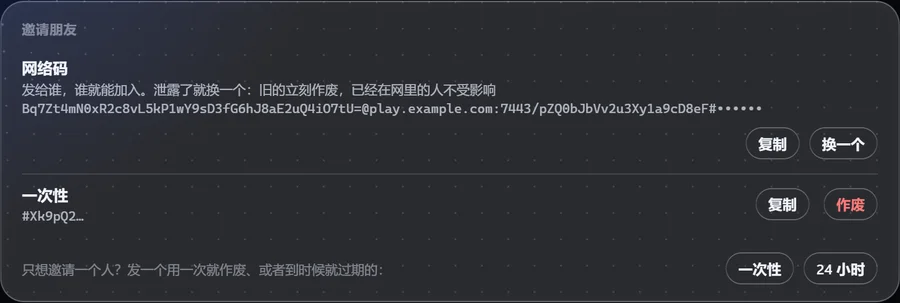 网主页上的网络码：复制、换一个，还能发一次性和 24 小时的