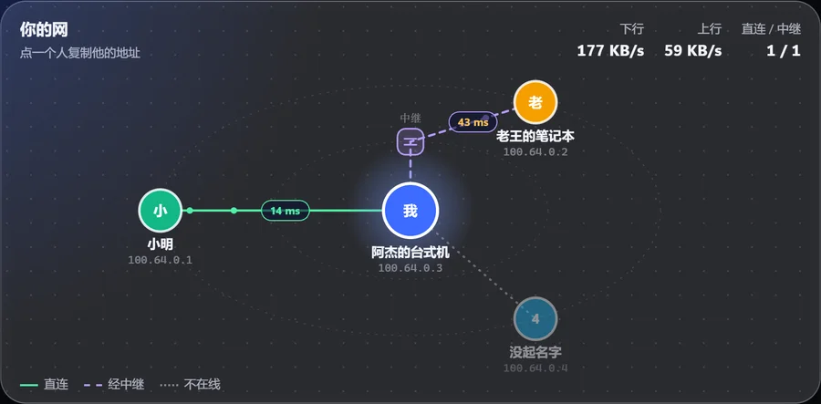 网状图：每个人的地址、走直连还是中继、延迟多少